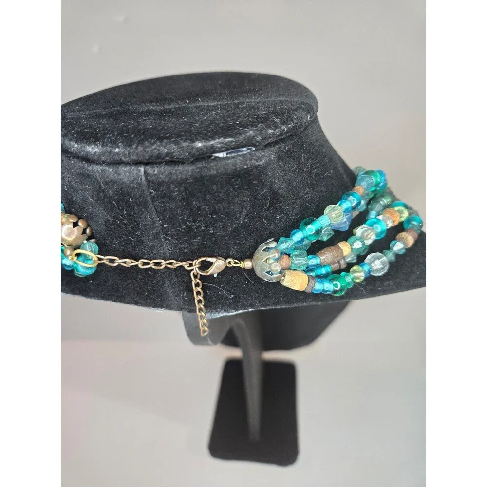 Multistrand Necklace with Green Blue Gold Beads Gold Tone Adjustable Length